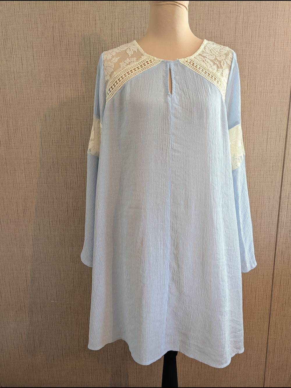 Women's Light Blue Long Sleeve Dress with Cream Lace Yoke
